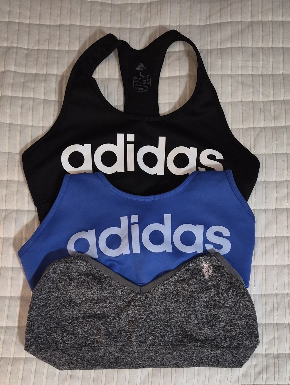 2 Adidas Sports Bras, Size Large, Blue And Black Plus Free U.S. Polo Bralette